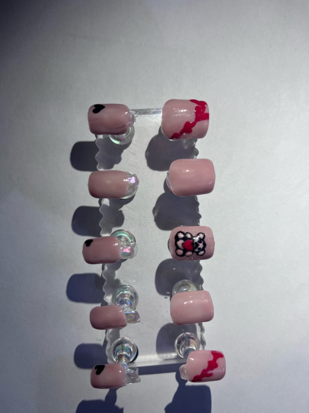 Pink Press-On Nails with teddy bear heart  Accent & Heart Detail